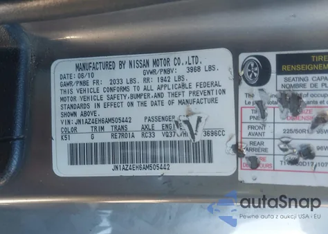 2010 Nissan 370Z z USA, uszkodzony, nr VIN JN1AZ4EH6AM505442